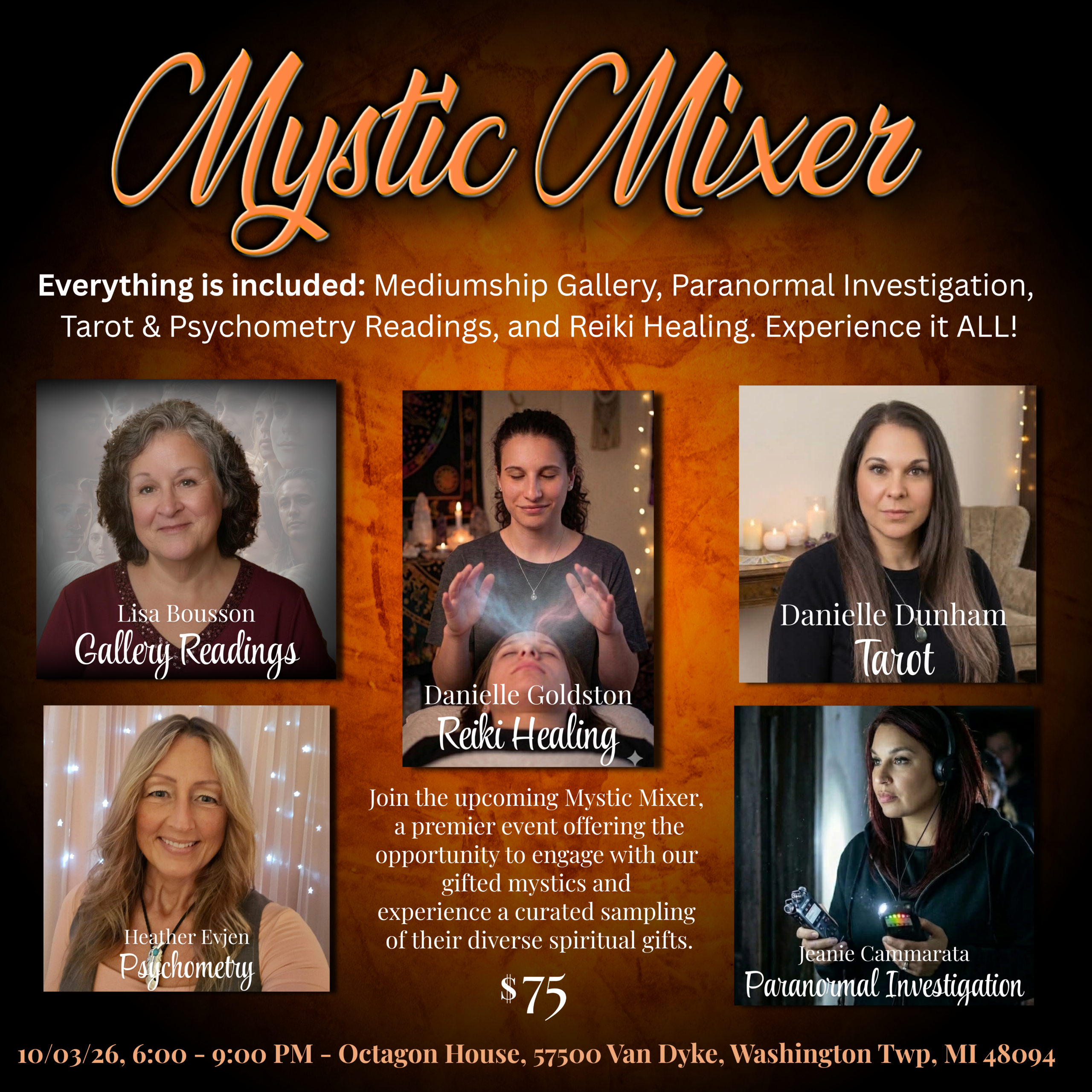 psychic<br />
psychic medium<br />
paranormal<br />
reiki<br />
detroit<br />
lisa bousson<br />
Octagon House<br />
Mystical<br />
Tarot<br />
oracle<br />
